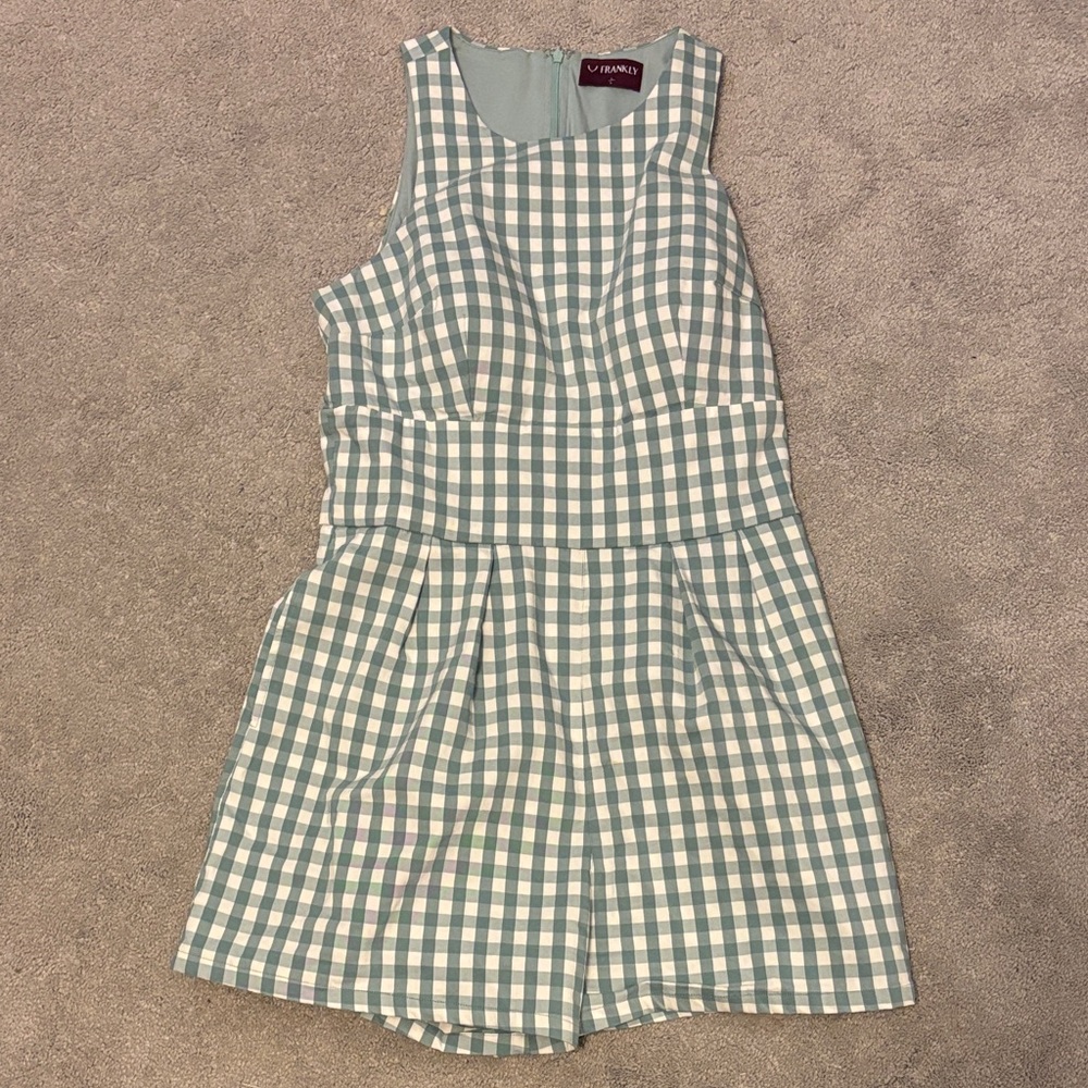 Frankly braless green gingham print romper, size large